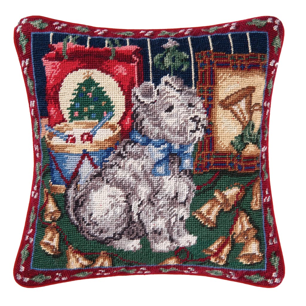 14" x 14" Scotty Dog Christmas Needlepoint Pillow