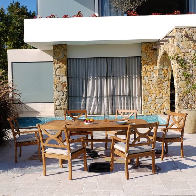 Cambridge Casual Lowell 7-piece Teak Patio Extendable Dining Set with Cushion - Natural Teak/Beige