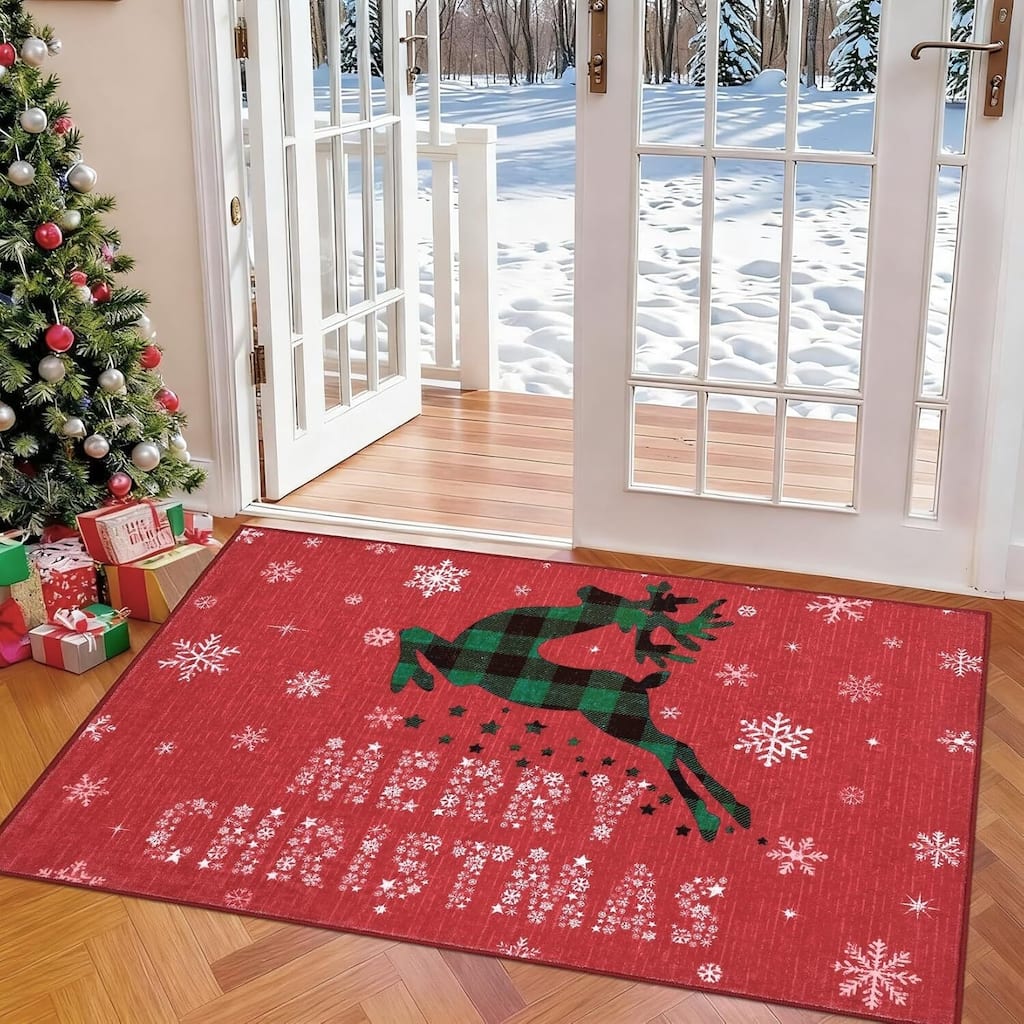 Christmas Rug with Snow Reindeer Area Rugs for Living Room, Low Pile Washable