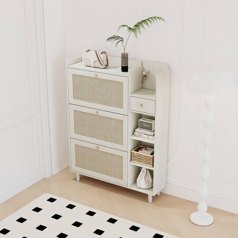 Shoe Rack Cabinet with 3 Rattan Flip Drawers,3 Square Shelves,1 Storage Drawer,Shoe Organizer with Mulit Storage Space and Hooks