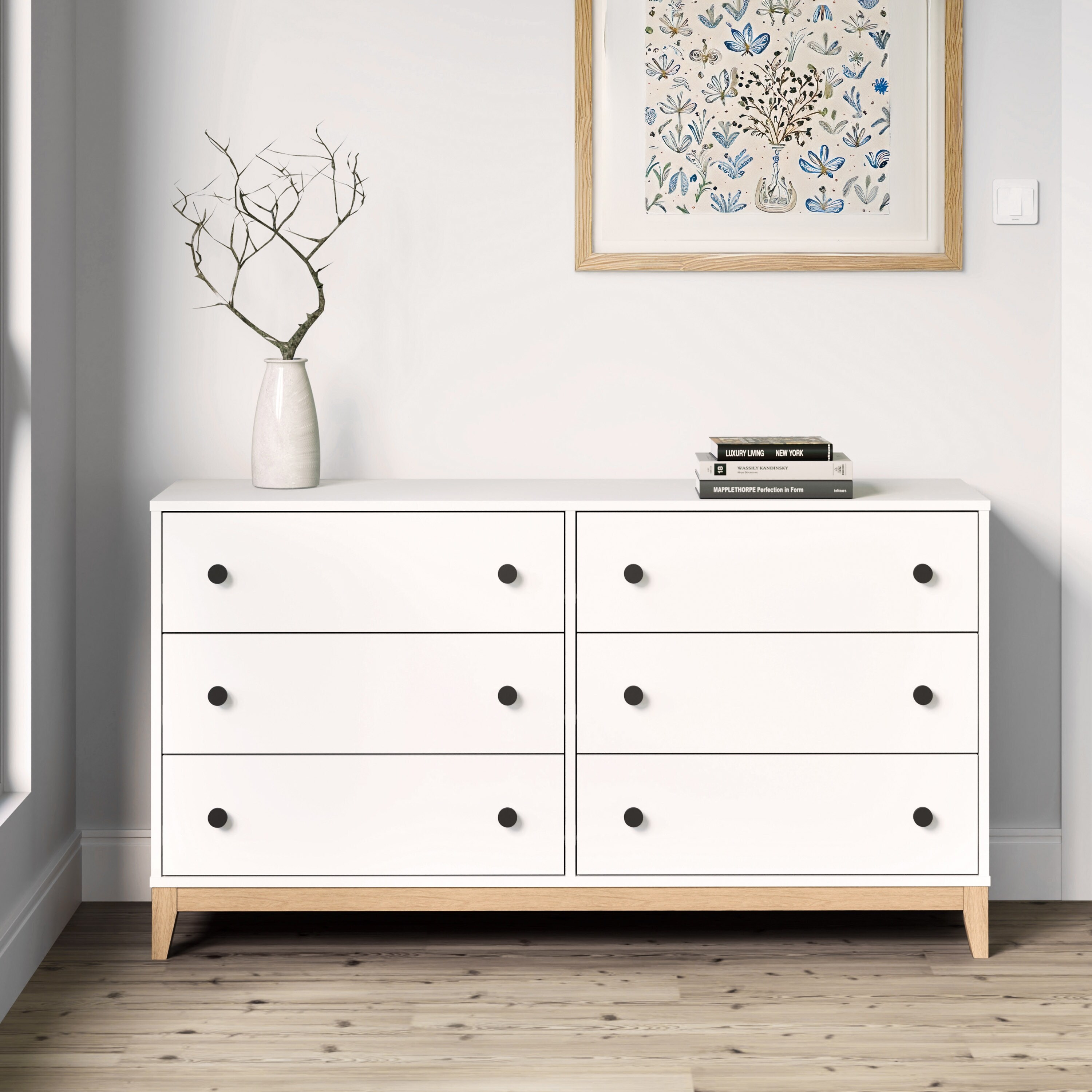 Prepac Nordik 54.75" W Dresser, White & Oak Dresser for Bedroom, Chest of  Drawers with 6 Drawers - Overstock - 42765198