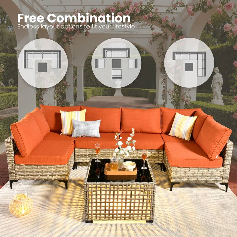 HOOOWOOO 11-piece Outdoor Patio Sofa Wicker Furniture Swivel Chair Set with 54" Fire Pit Table