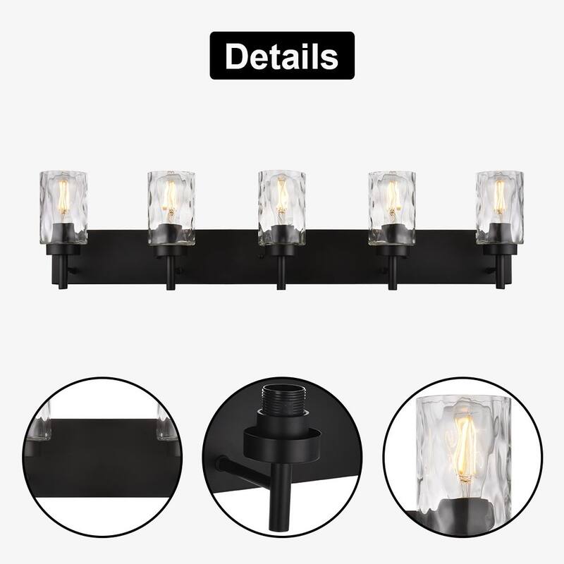 Vanity Light Fixtures 5 Light Modern Wall Sconces Lighting Black Bathroom Lights Wall Mounted with Hammered Glass Shade