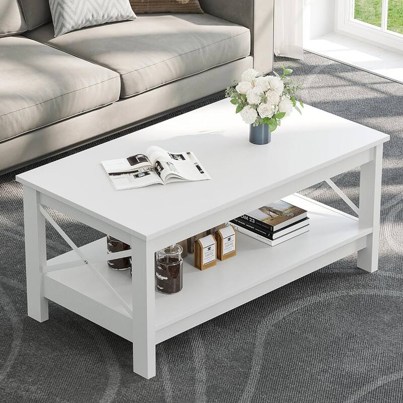Moasis Farmhouse Coffee Table with Shelf, 2-Tier Center Table for Living Room