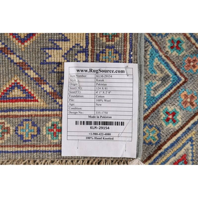 All-Over Gray Kazak Oriental Foyer Rug Hand-Knotted Wool Carpet - 2'8" x 4'1"