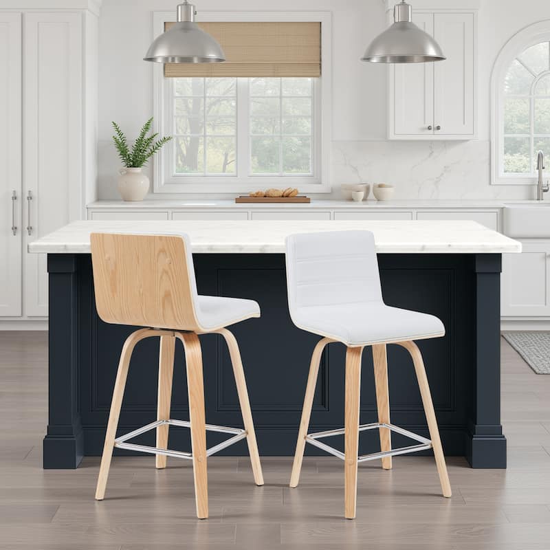 Skara Mid-Century Swivel Counter Stool, Upholstered Counter Height Chair with Bentwood Legs - White Faux Leather  & Oak - Set of 2