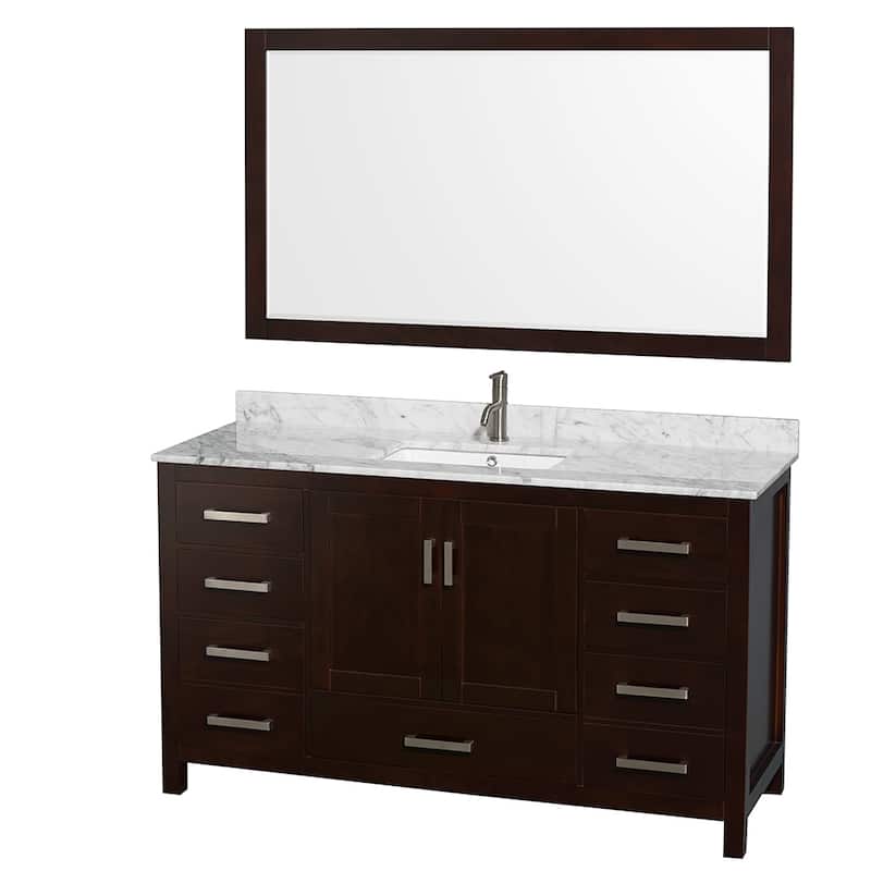 Wyndham Collection Sheffield Single Vanity Set, 58-inch Mirror - Espresso, White Carrara Marble Top, Chrome Trim
