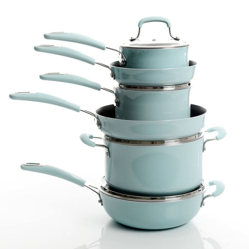 Kenmore Elite Andover 10Pc Nonstick Al Cookware Set in Glacier Blue