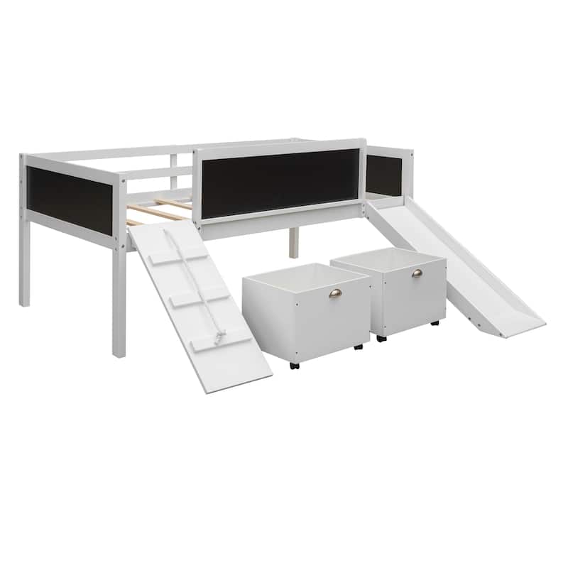 Twin Size Loft Bed with Climbing Frame, Slide, and Chalkboard, Storage Included