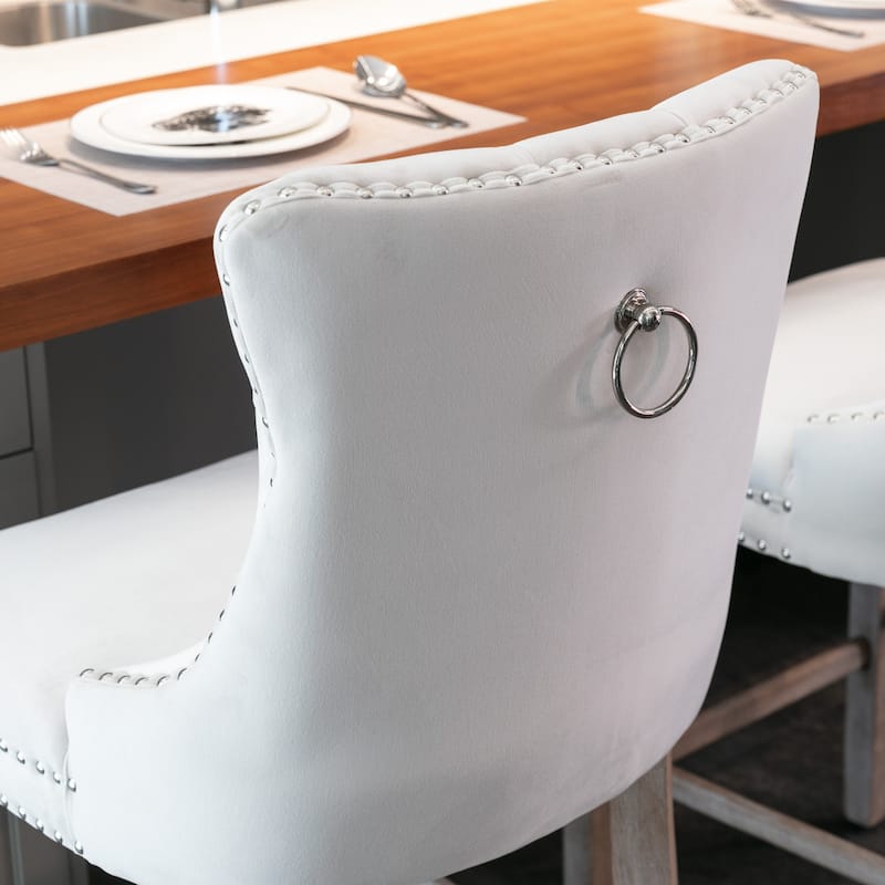 High Backrest Bar Stools Set of 2 Velvet Upholstered Accent Chairs with Button Tufted Decoration and Chrome Nailhead Trim