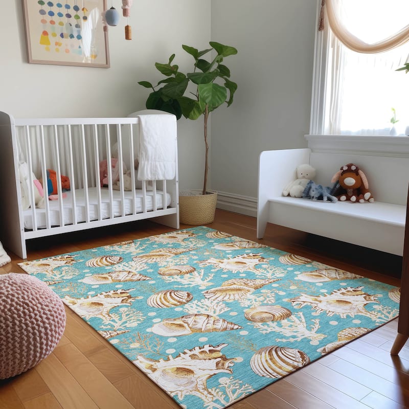 Premium Washable Super Soft Coastal Seashells Mayfield Rug - Aqua - 3' x 5' - Rectangle