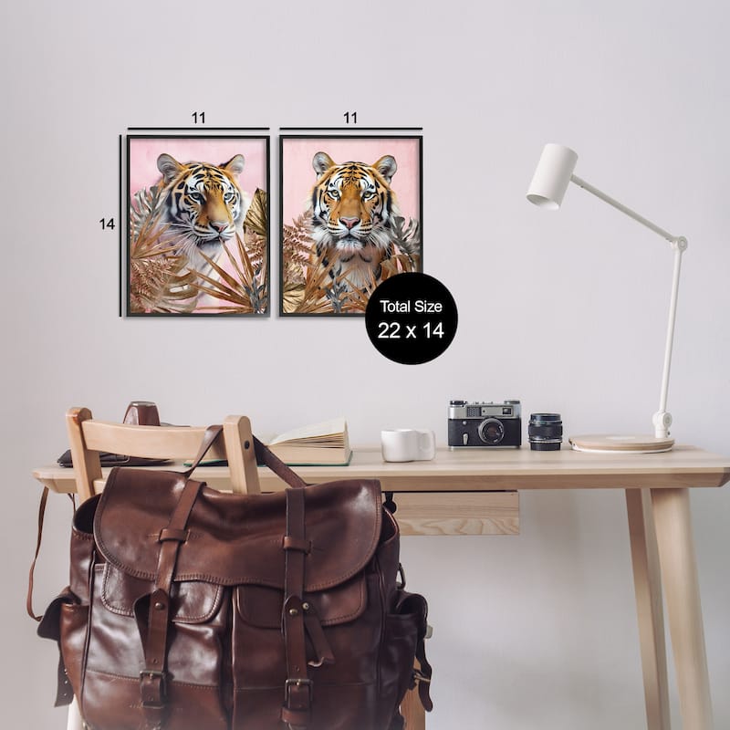 Stupell Fierce Tigers & Gold Leaves Framed Giclee Art Design By Kim Allen (Set of 2)