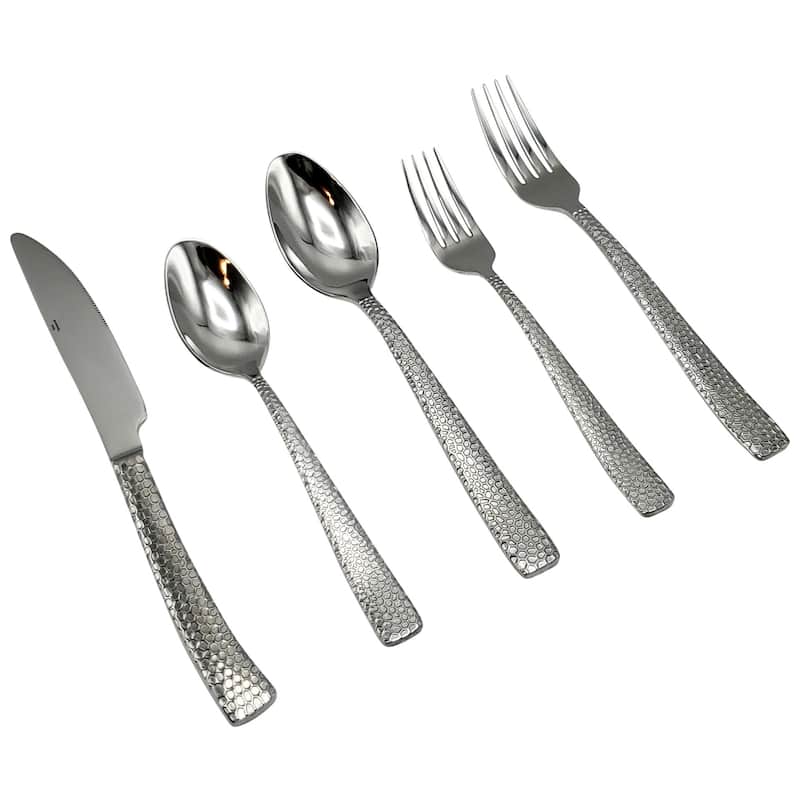 Elyon Crown Hammered Reflective Silver 20 Piece Flatware Set Stainless Steel Service For 4 - Service for 4