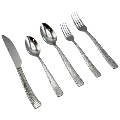 Elyon Crown Hammered Reflective Silver 20 Piece Flatware Set Stainless Steel Service For 4