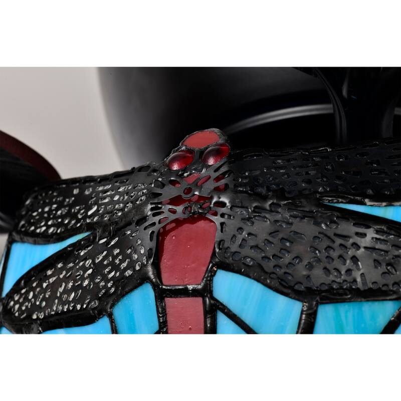 Pluvey 52-Inch Flushmount Lighted Ceiling Fan Blue Red Draginfly Tiffany Glass Lamp Black Finish