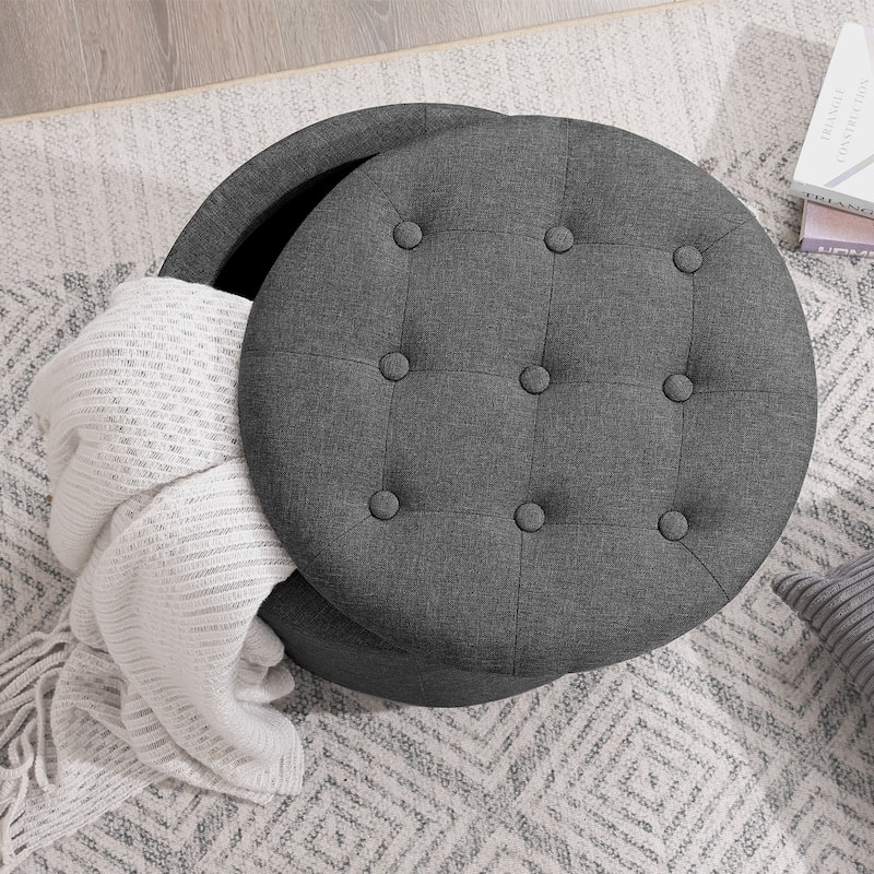 Adeco 17" Faux Leather Round Storage Ottoman with Tufted