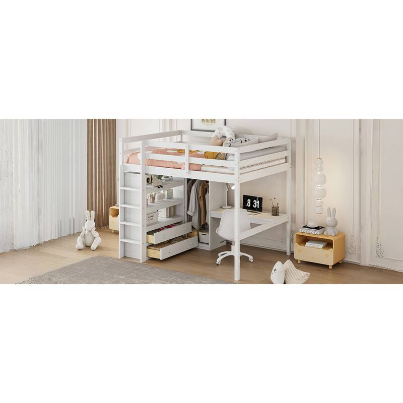 Roomfitters Full Size Loft Bed with Wardrobe, Desk and Storage Shelves