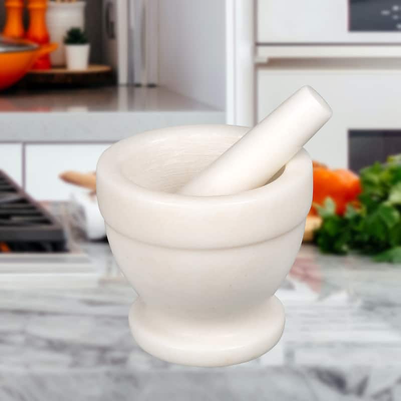 Creative Home Off-White Marble Mortar and Pestle Set, 5.25" Diam. x 4.5" H