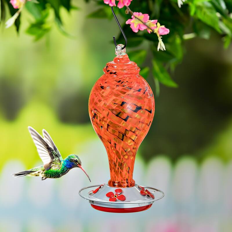 Speckled Art Glass Hummingbird Feeder with Bronze Gondola - Red