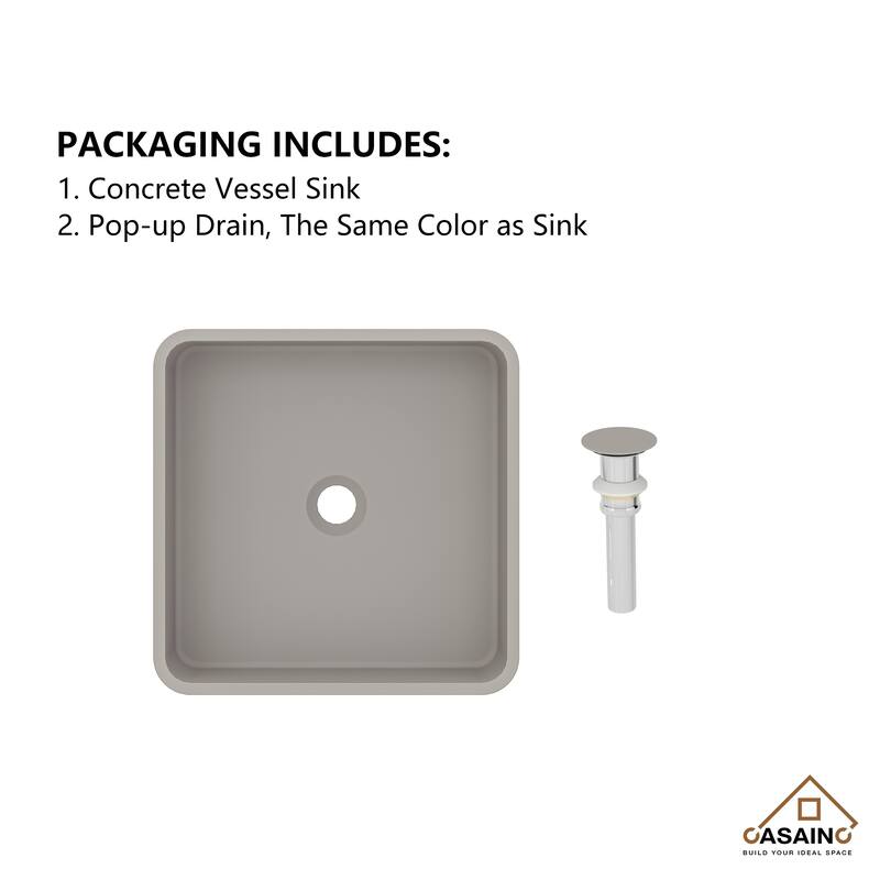 CASAINC Concrete Square Bathroom Sink Vessel Sink Art Basin with the Same Color Drainer