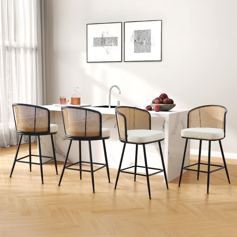 26"/29" Rattan Upholstered Bar Stool /Counter Stools Set of 2/3/4 - Set of 4 - Fabric-White - Counter Height