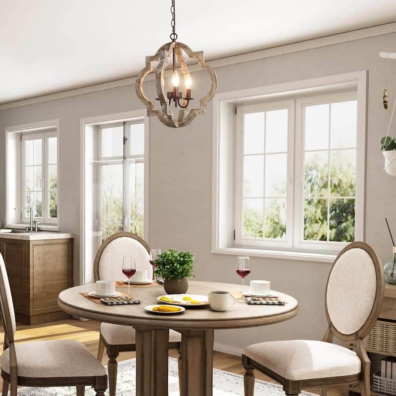 Modern Farmhouse 3/4-Light Wood Lantern Chandelier for Dining Room Foyer