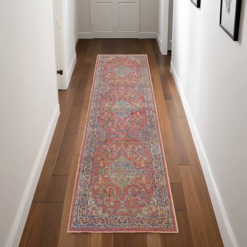 Power Loomed Distressed Abstract Floral Traditional Non Skid Area Rug - 96' X '28' X '0.5 - 96' X '28' X '0.5 - Oxford Blue - Runner