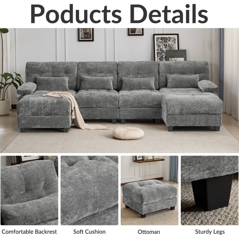119" 4-Seater Chenille Sofa with 2 Ottomans, 4-Position Adjustable Backrest, 4 Pillows and Easy Assembly for Living Room
