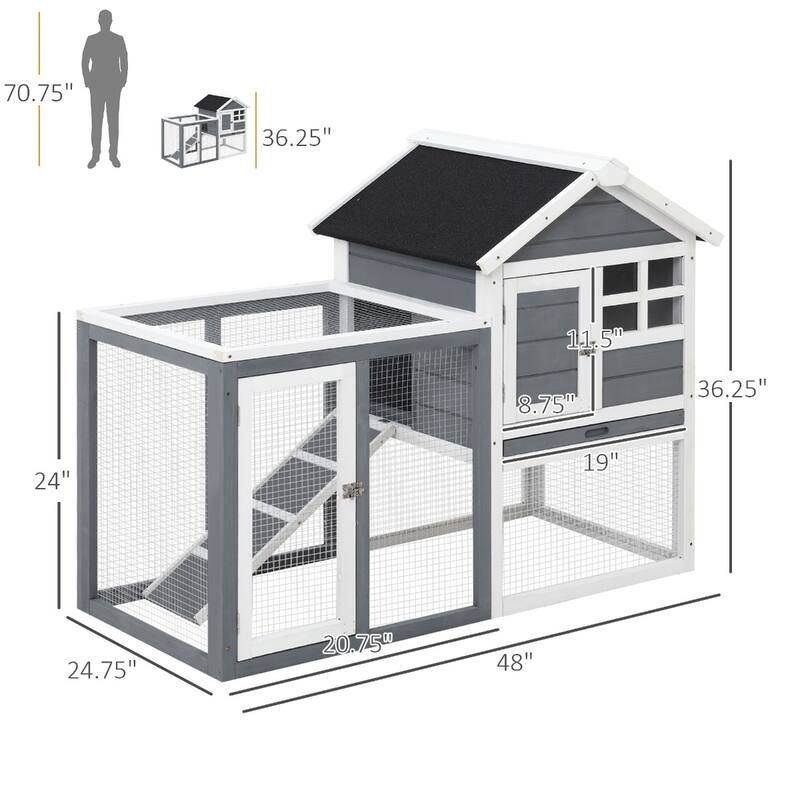 Spacious Pet House,Weatherproof Wooden Rabbit Hutch is designed for convenient cleaning - Gray,White