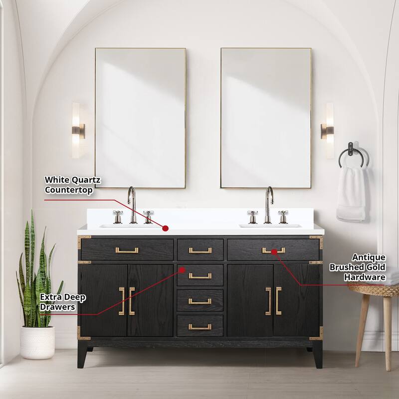 Laurel 60 in W x 22 in D Black Oak Double Bath Vanity, White Quartz Top, Faucet Set, and 28 in Mirrors