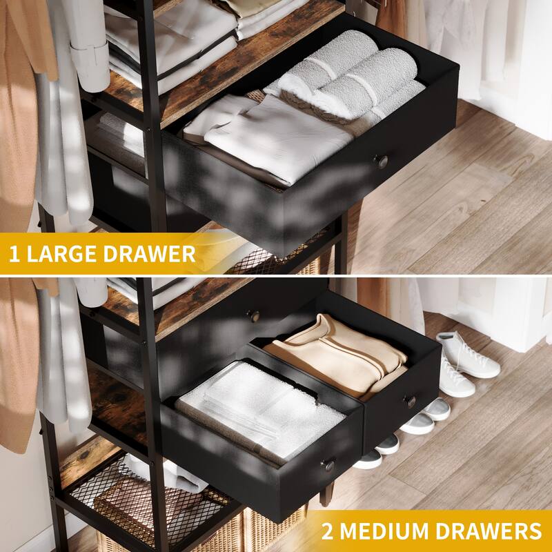 Moasis 5-Tier Wood Clothes Rack Expandable Hanger Rods with 3 Drawer