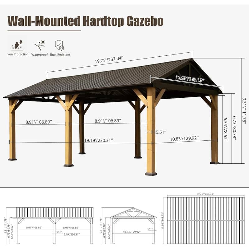 12'x20' Cedar Wood Gazebo with Galvanized Steel Roof, Privacy Walls, and Ceiling Hooks