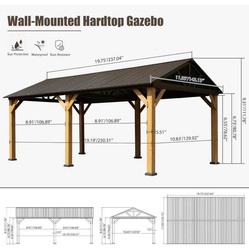 12x20 Cedar Wood Gazebo with Steel Roof for Outdoor Backyard Patio Pool Wind Snow Resistant