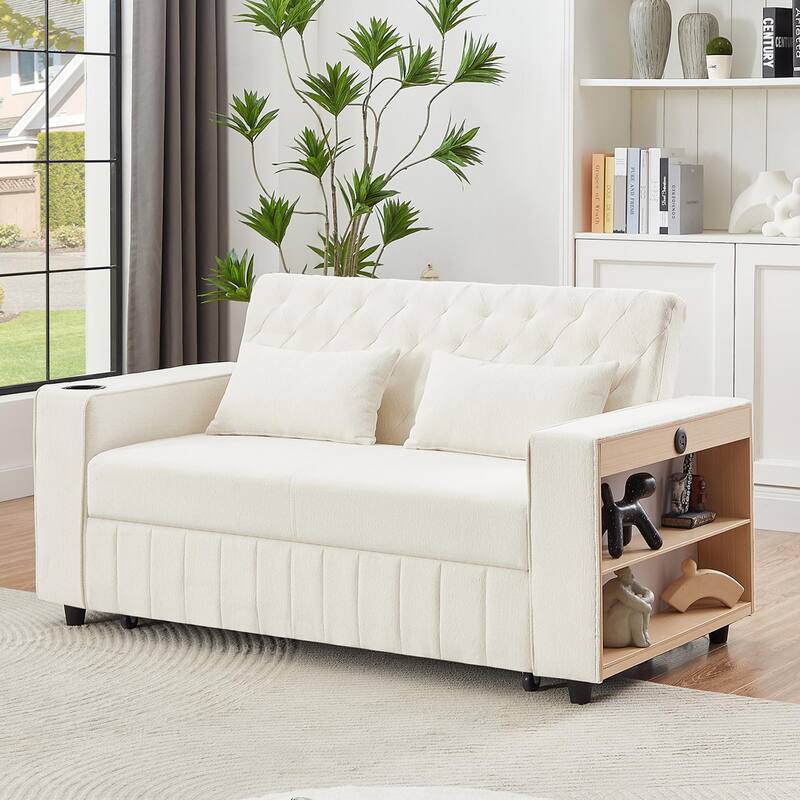 61.41" Chenille Convertible Sofa Bed with Adjustable Backrest, USB & Cup Holders