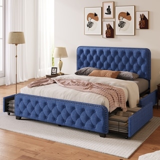 Bonanza - Ocean Blue Linen Upholstered Bed With Storage Footboard