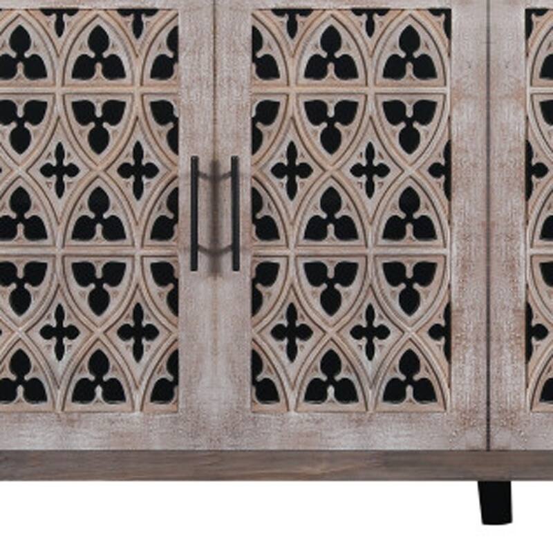 HomeRoots 63" Brown Distressed Carved Scrollwork Sideboard with Four Doors - 62.75' X '32.3' X '15.6