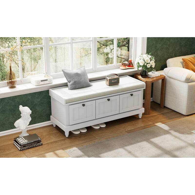 Fluted Entryway Bench with Storage - Light Gray