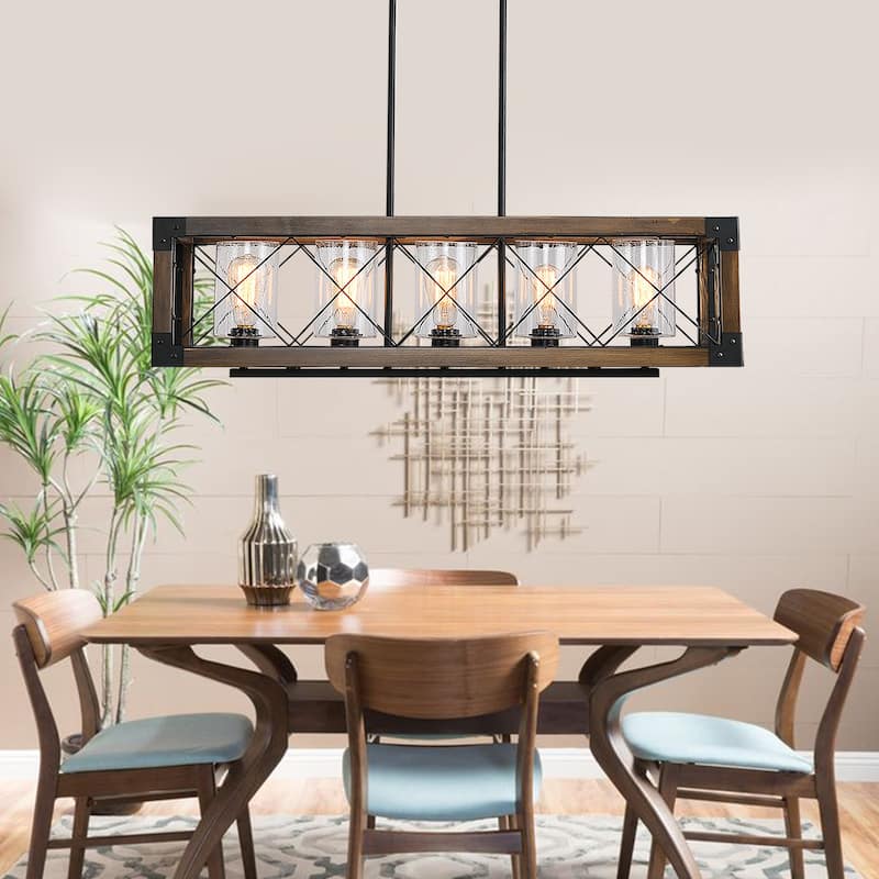 5-Light Farmhouse Kitchen Island Chandelier with Solid Wood Accent - black&brown