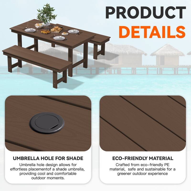 3-Piece HDPE Outdoor Dining Set with Umbrella Hole Table and Two 2-Person Benches