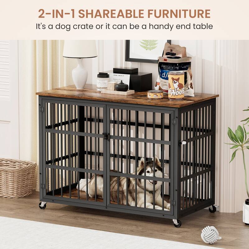 Decorative Pet House, Dog Crate Furniture with Iron Frame Door and wheels