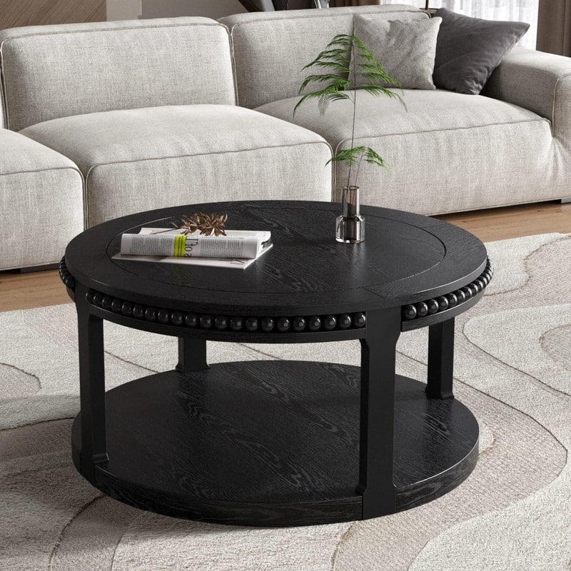 Round Solid Wood Coffee Table, Two-Tier Design with Sturdy Construction for Living Room Elegance - Walnut