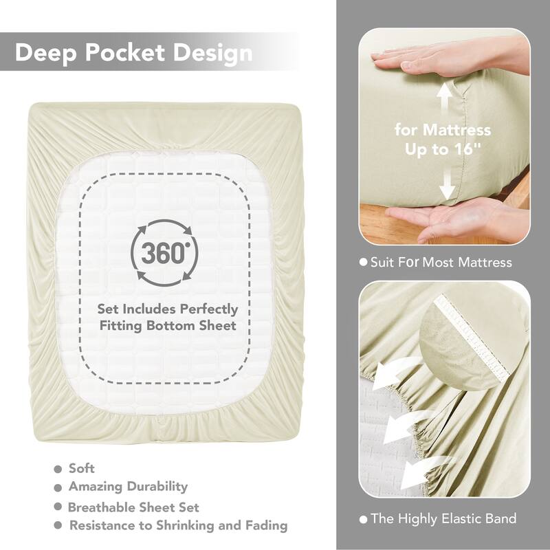 Deconovo 4-Piece Ultra-Soft Bed Sheet Set, 1800 Thread Count, Deep Pockets