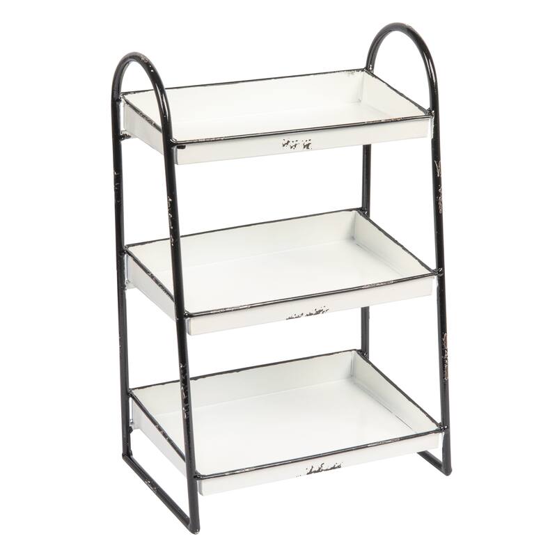 Heavily Distressed White 3-Tier Metal Tray with Black Frame and Rim