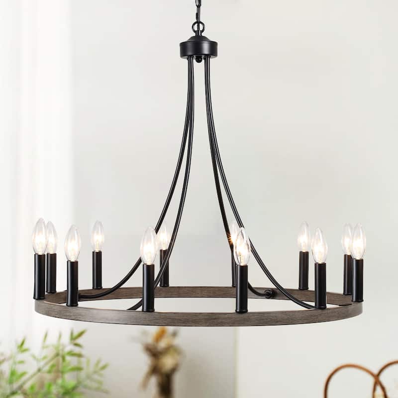 12-light Rustic Farmhouse Wagon Wheel Chandelier Candle Dining Room Lighting - N/A - Black+Imitation wood grain