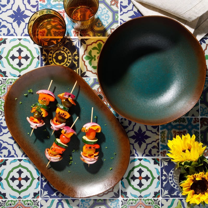 Bloomhouse Palermo Sun 2 Piece Serving Bowl and Oval Platter Stoneware Reactive Glaze Serveware Set