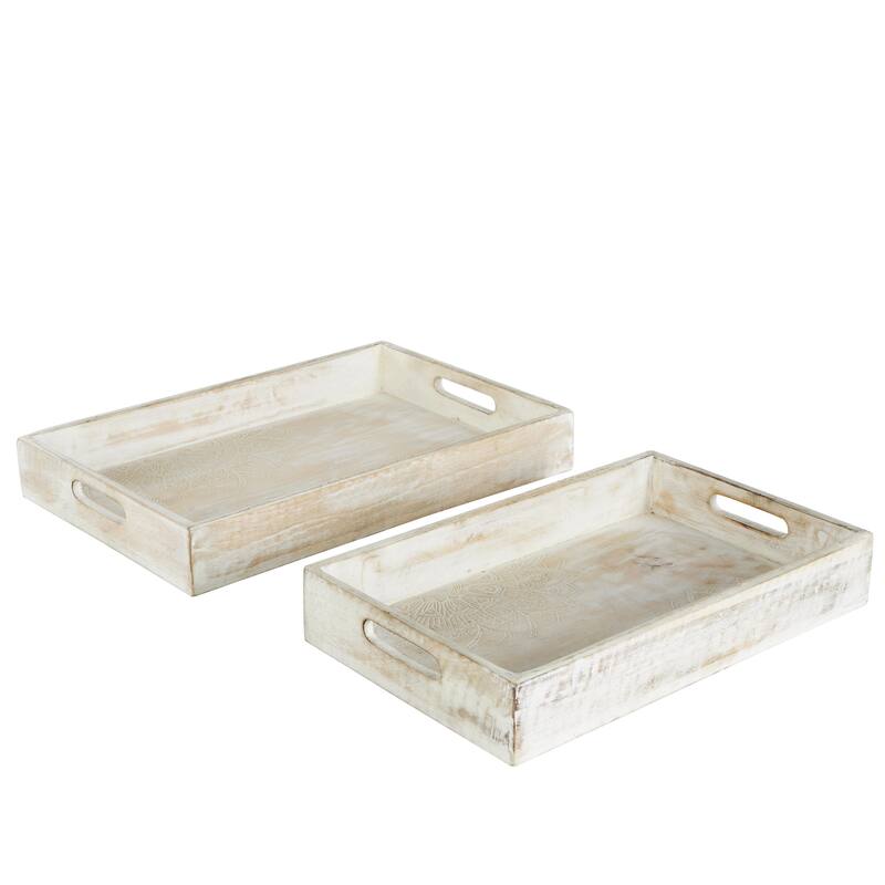 Mango Wood Handmade Whitewashed Living Room Decor Tray with Carved Mandala Interior - Set of 2 Cream - Roche River Decor
