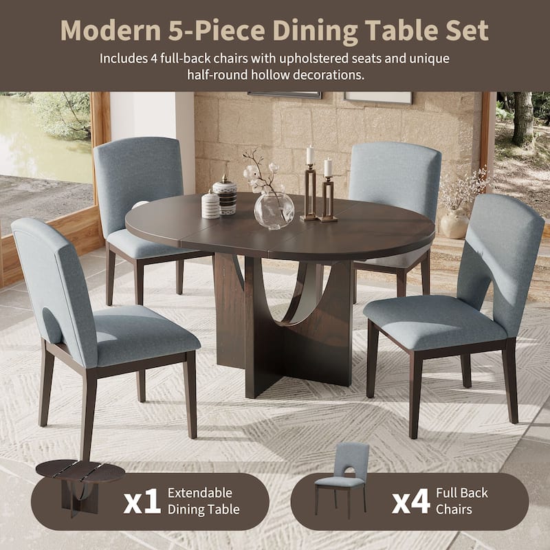 5 Piece Functional Dining Set, Wood Extendable Round Dining Table Set with Removable Leaf and 4 Upholstered Chairs