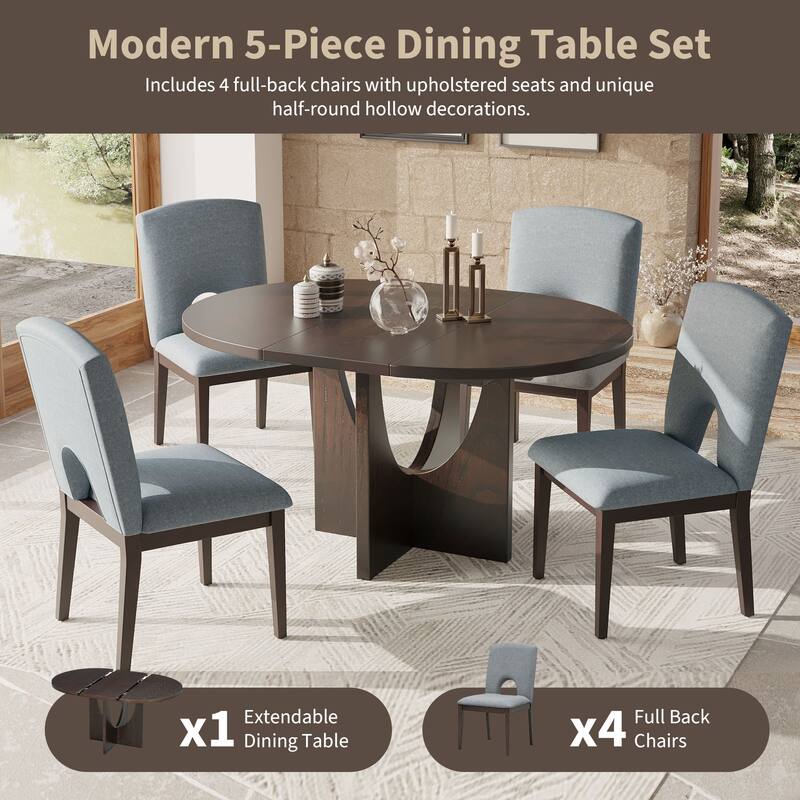 Modern 5-Piece Extendable Dining Table Set with Solid Wood and Upholstered Chairs for Small Spaces