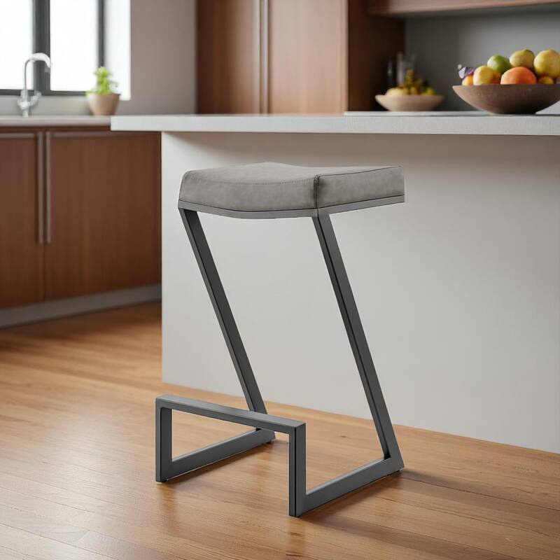 HomeRoots 26" Gray and Black Faux Leather and Iron Backless Counter Height Bar Chair - Counter Height - Gray - Single