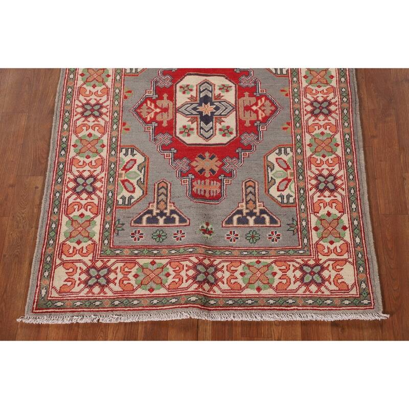 Gray Geometric Kazak Oriental Accent Rug Handmade Wool Carpet - 3'4"x 4'10"